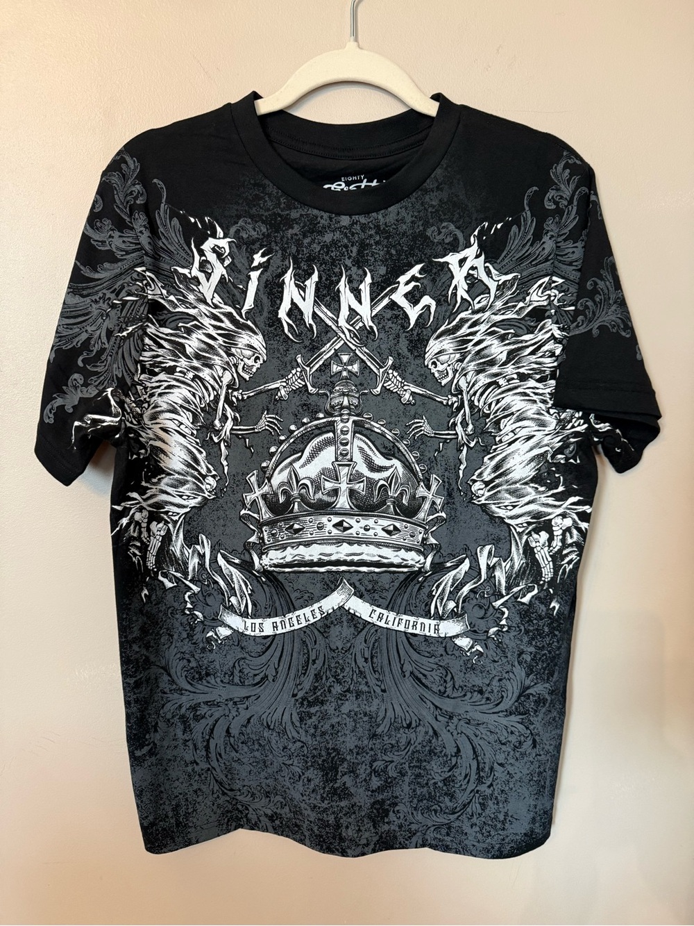 Eighty Eight Black Short-Sleeve Graphic Tee with Crown and Winged Figures